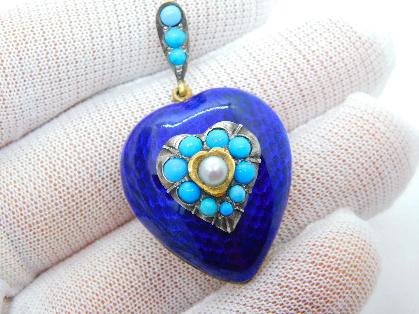 Victorian 18ct Gold, Blue Enamel, Turquoise & Pearl Heart Pendant c1840 Antique