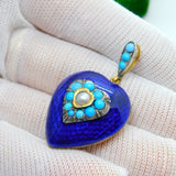 Victorian 18ct Gold, Blue Enamel, Turquoise & Pearl Heart Pendant c1840 Antique