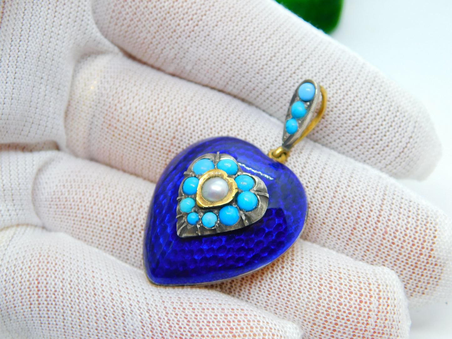 Victorian 18ct Gold, Blue Enamel, Turquoise & Pearl Heart Pendant c1840 Antique