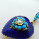 Victorian 18ct Gold, Blue Enamel, Turquoise & Pearl Heart Pendant c1840 Antique