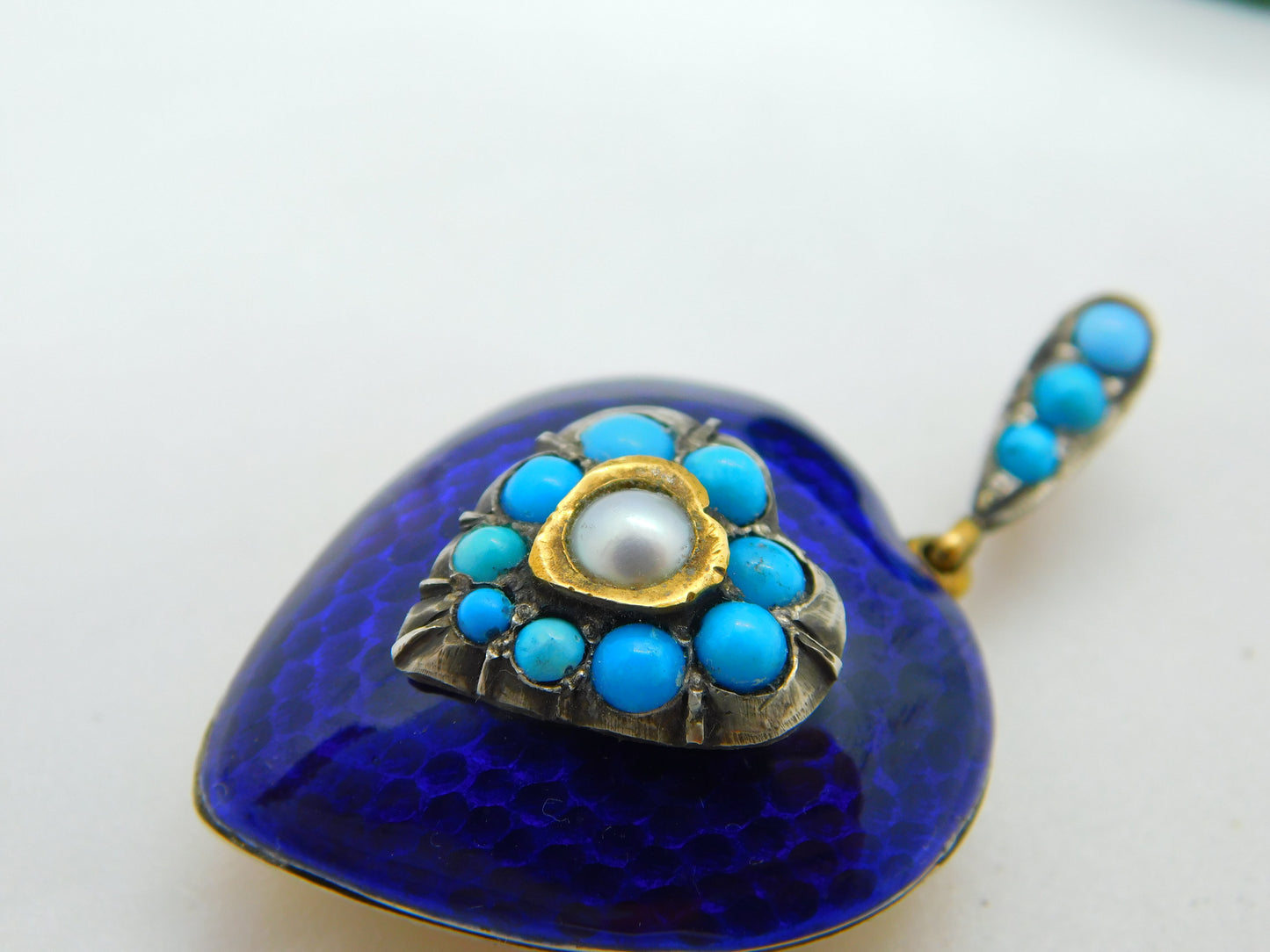 Victorian 18ct Gold, Blue Enamel, Turquoise & Pearl Heart Pendant c1840 Antique