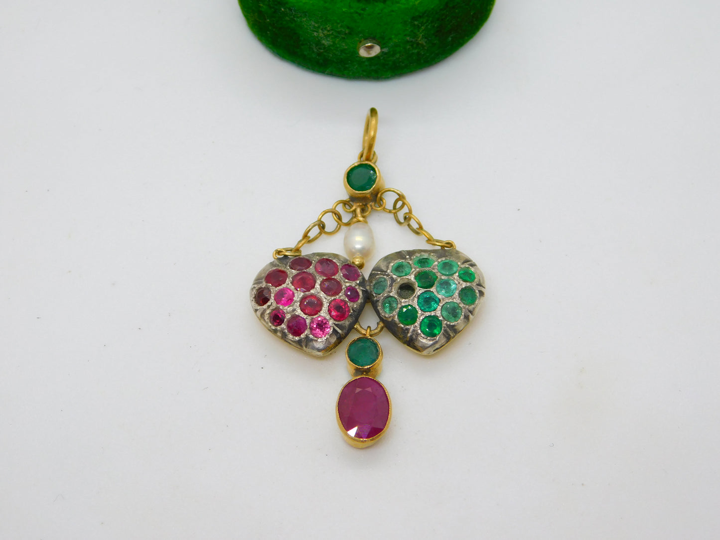 Georgian 18ct Gold, Ruby, Emerald & Pearl Set Lavalier Sweetheart Drop Pendant c1820