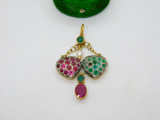 Georgian 18ct Gold, Ruby, Emerald & Pearl Set Lavalier Sweetheart Drop Pendant c1820