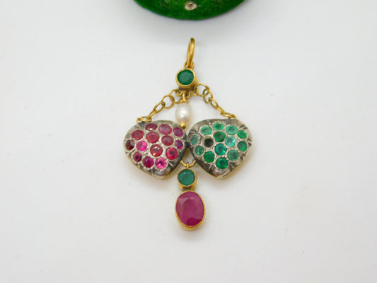 Georgian 18ct Gold, Ruby, Emerald & Pearl Set Lavalier Sweetheart Drop Pendant c1820