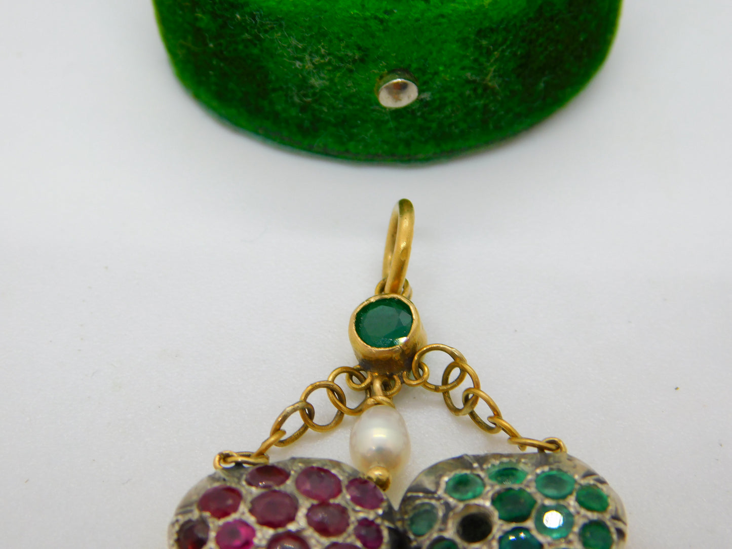 Georgian 18ct Gold, Ruby, Emerald & Pearl Set Lavalier Sweetheart Drop Pendant c1820