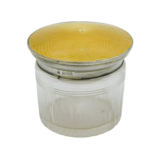 Sterling Silver, Cut Glass, Guilloche Enamel Trinket Pot Antique 1922 Birmingham Art Deco