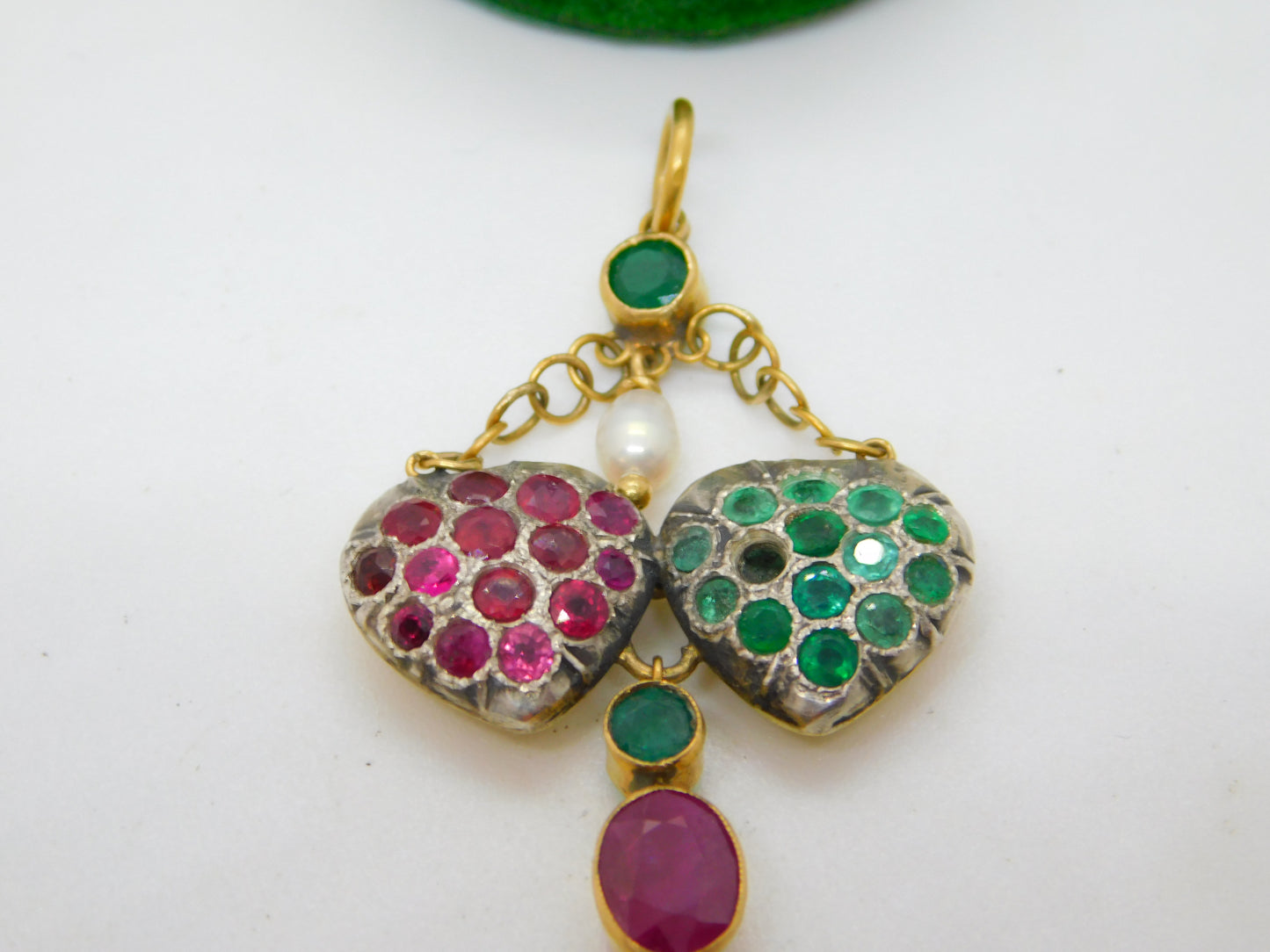 Georgian 18ct Gold, Ruby, Emerald & Pearl Set Lavalier Sweetheart Drop Pendant c1820