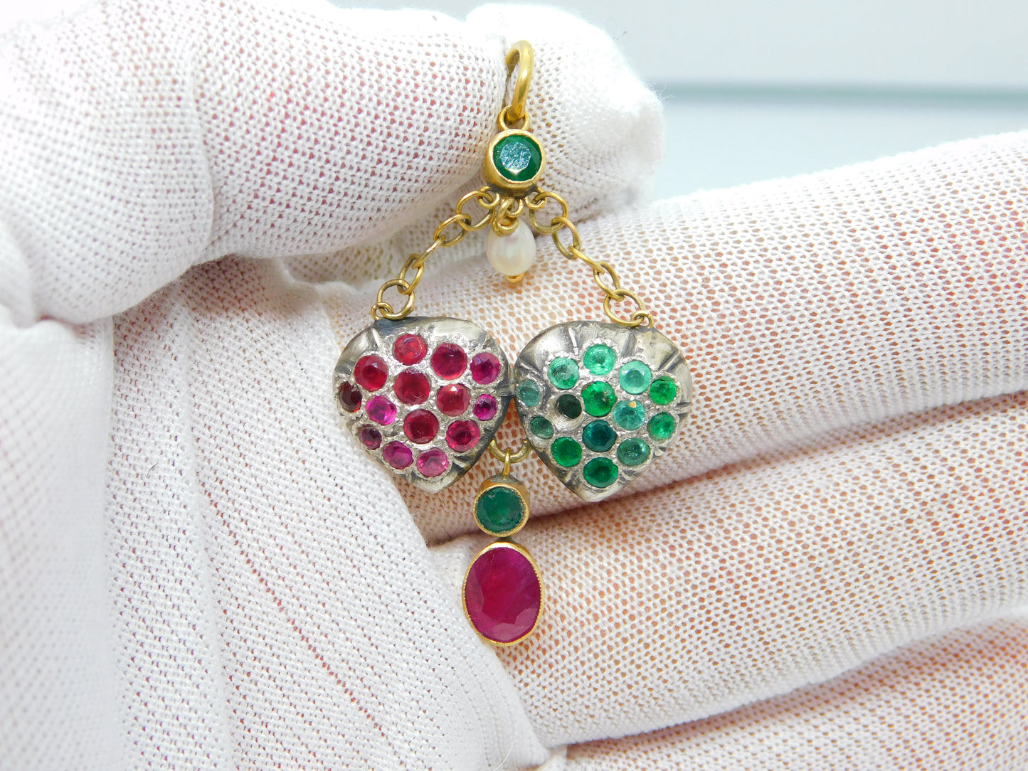 Georgian 18ct Gold, Ruby, Emerald & Pearl Set Lavalier Sweetheart Drop Pendant c1820