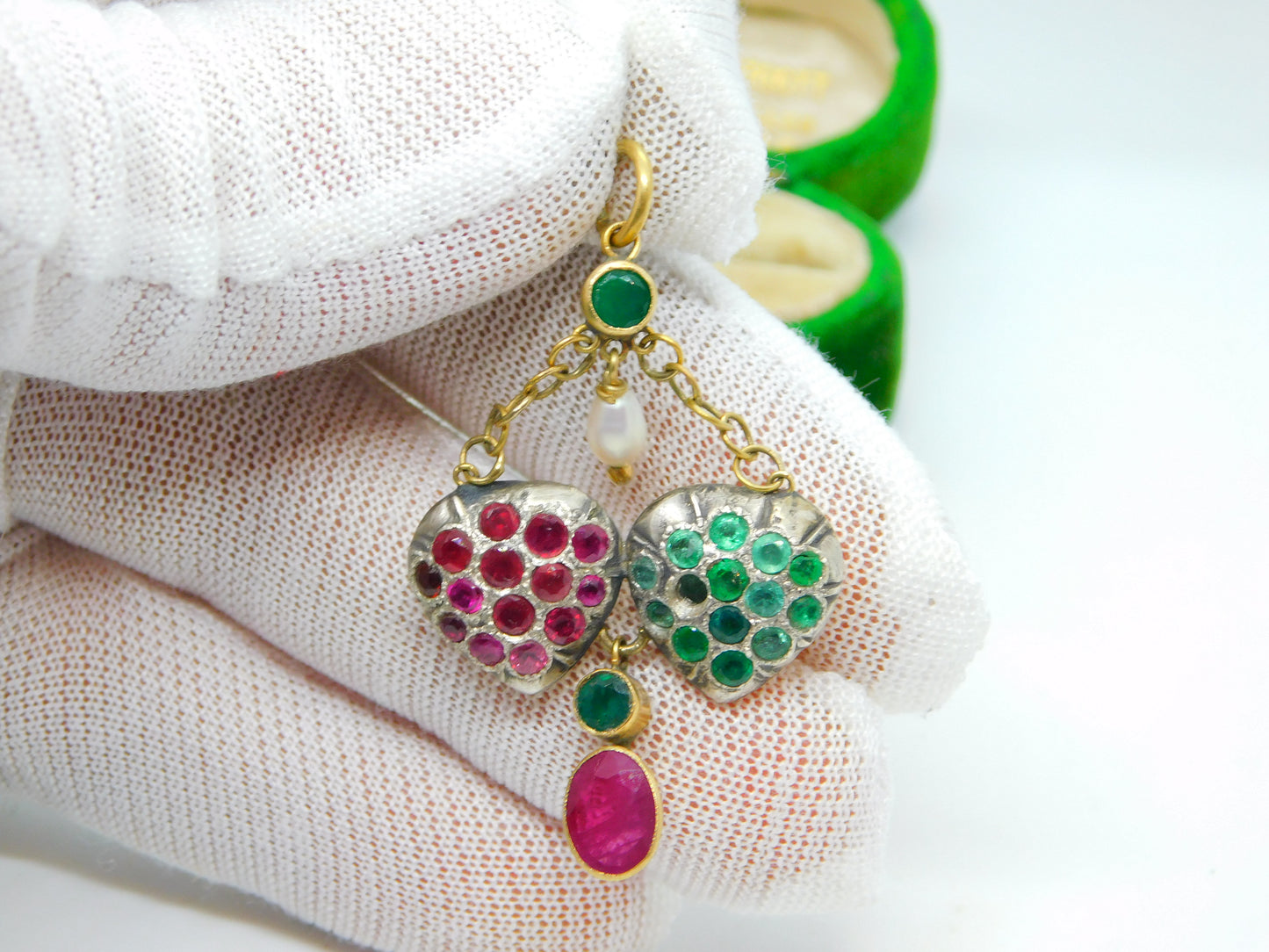 Georgian 18ct Gold, Ruby, Emerald & Pearl Set Lavalier Sweetheart Drop Pendant c1820