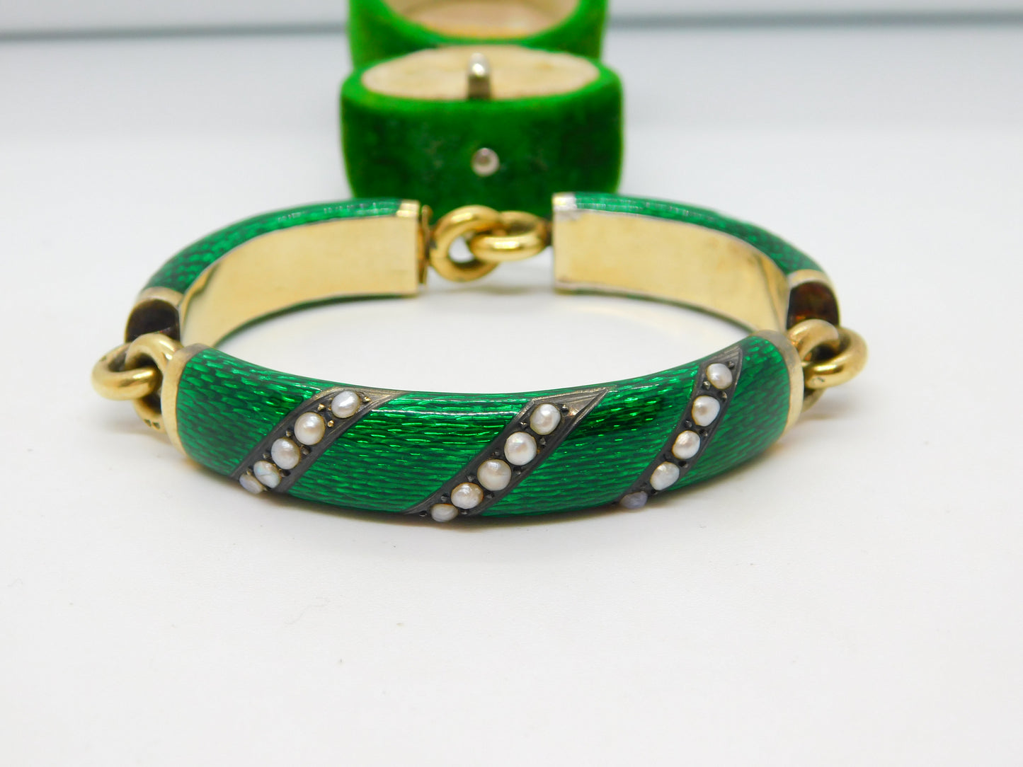 Victorian French 18ct Gold Green Guilloche Enamel Pearl Set Bracelet Antique c1860