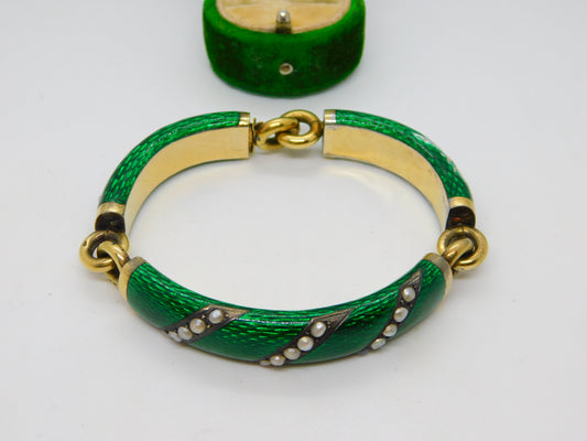 Victorian French 18ct Gold Green Guilloche Enamel Pearl Set Bracelet Antique c1860