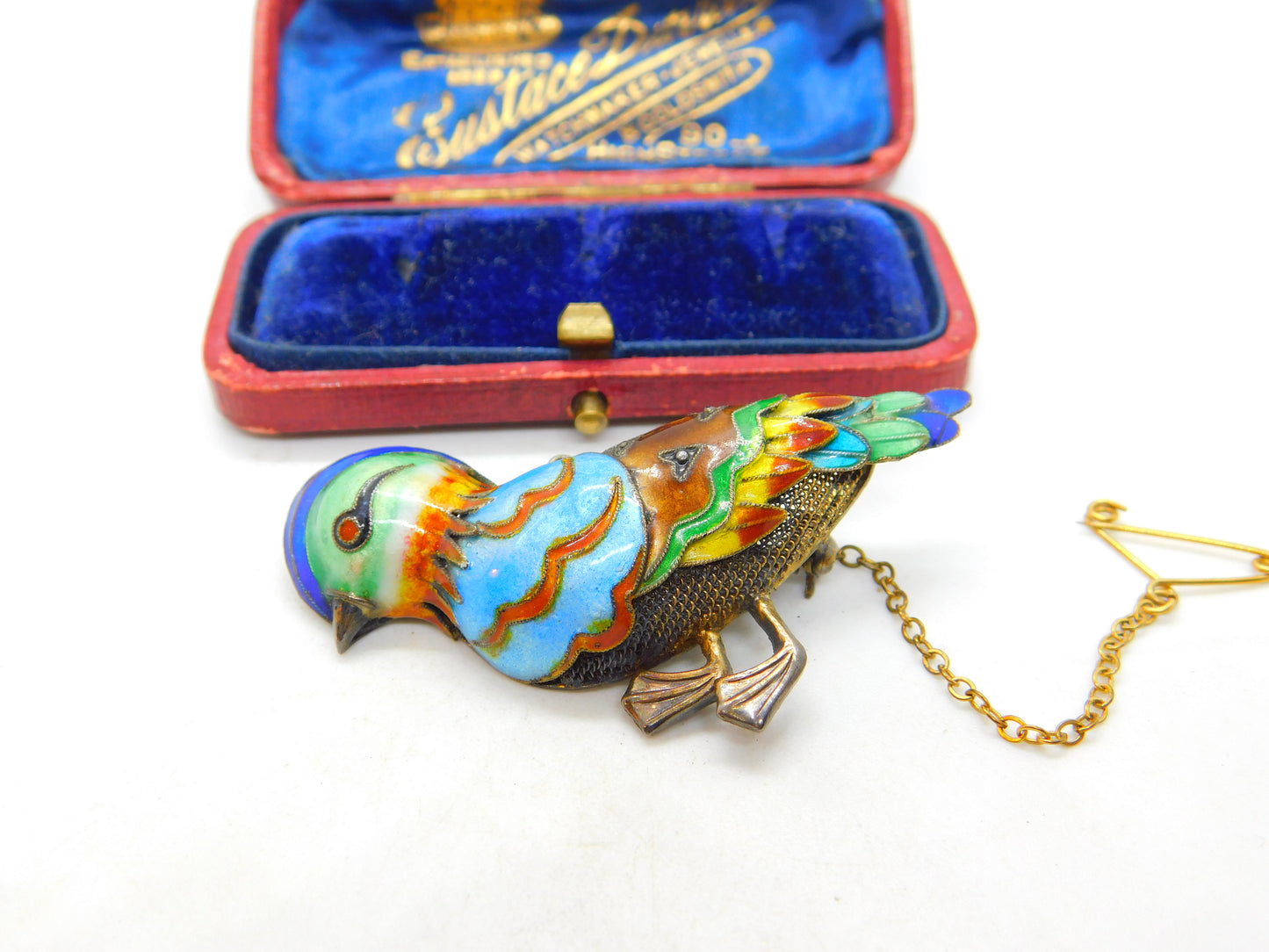 Chinese Export Sterling Silver Gilt & Enamel Exotic Bird Brooch Mid-Century