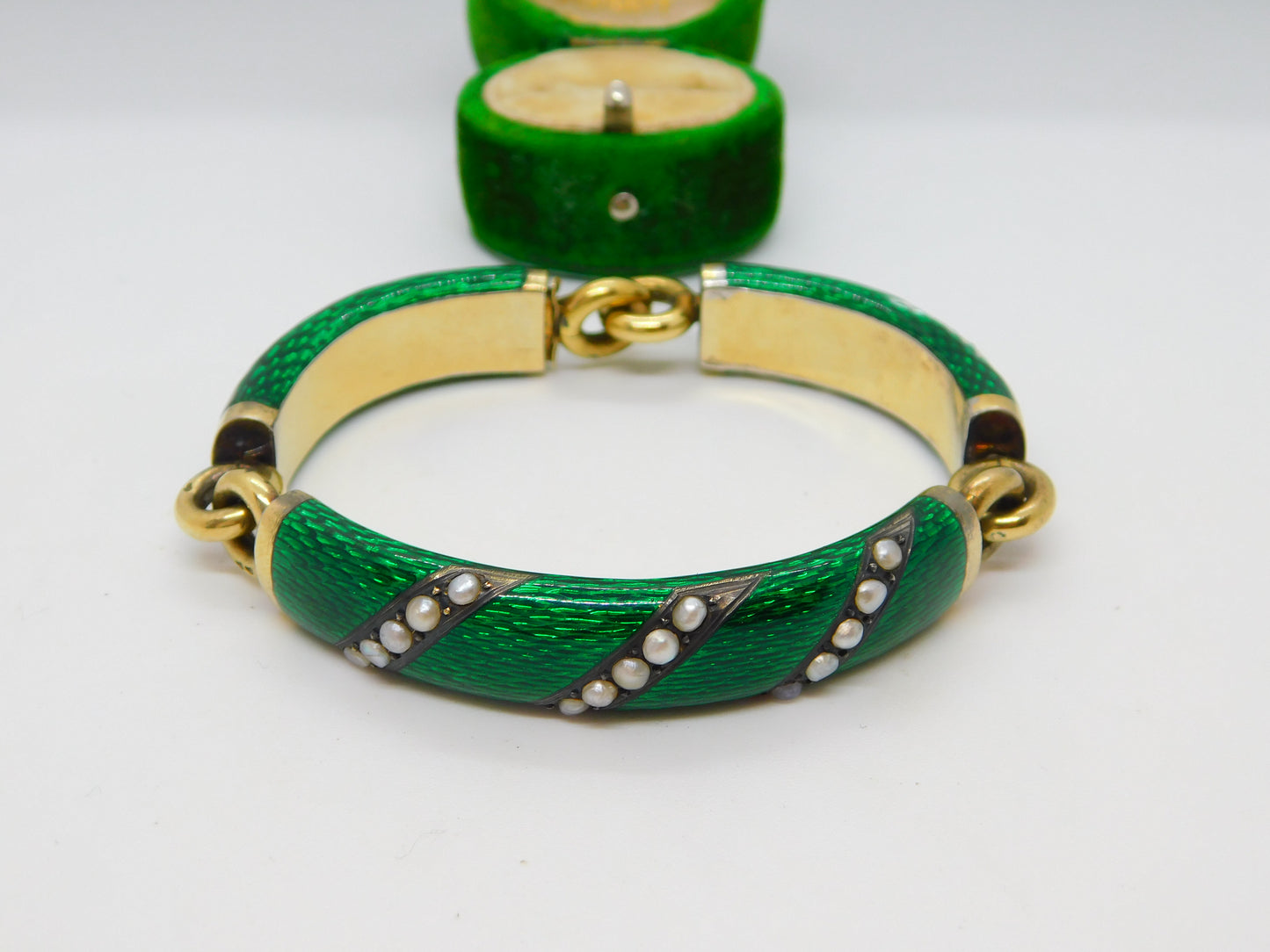 Victorian French 18ct Gold Green Guilloche Enamel Pearl Set Bracelet Antique c1860