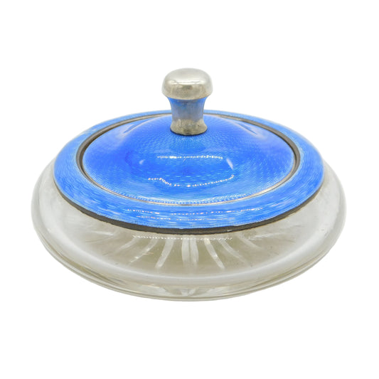 Sterling Silver, Blue Enamel Cut Glass Trinket Pot Antique 1924 Birmingham