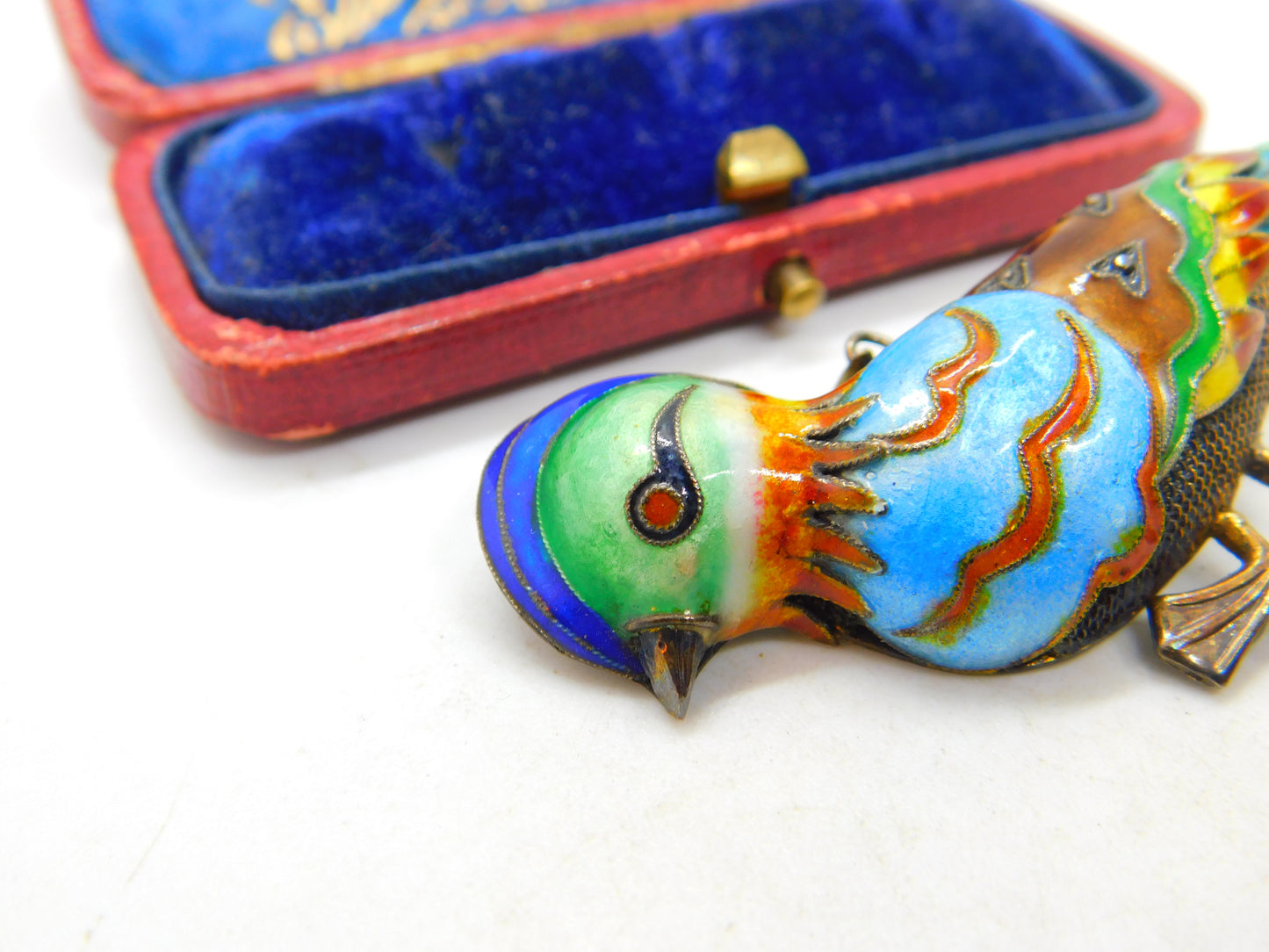 Chinese Export Sterling Silver Gilt & Enamel Exotic Bird Brooch Mid-Century