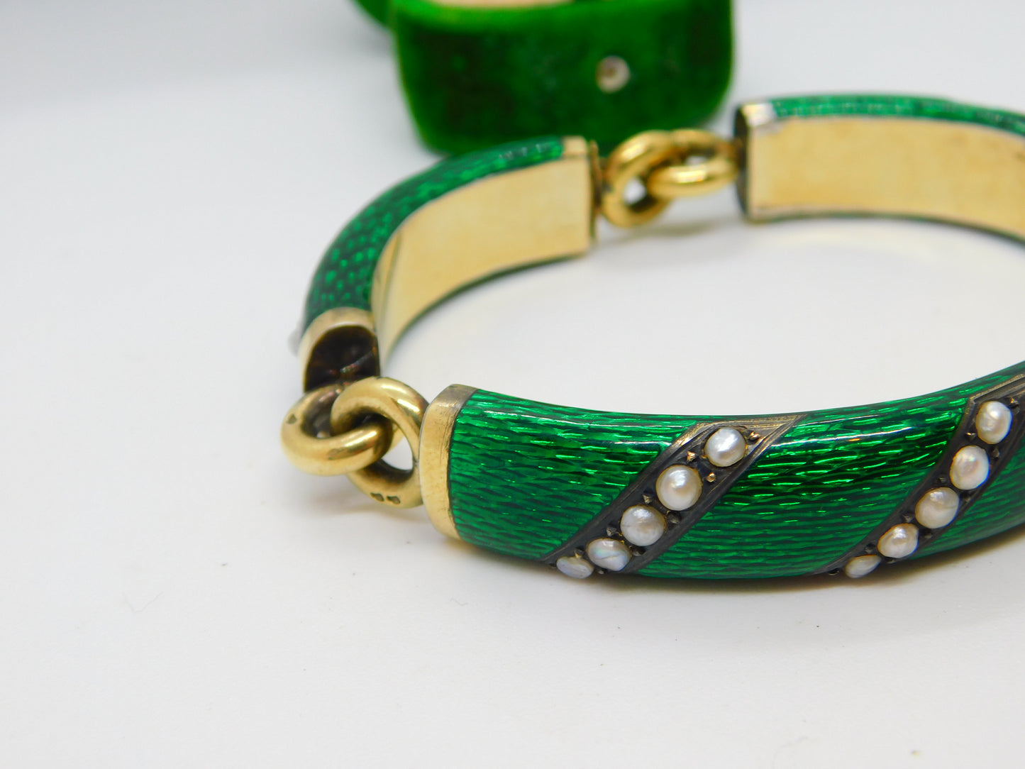 Victorian French 18ct Gold Green Guilloche Enamel Pearl Set Bracelet Antique c1860