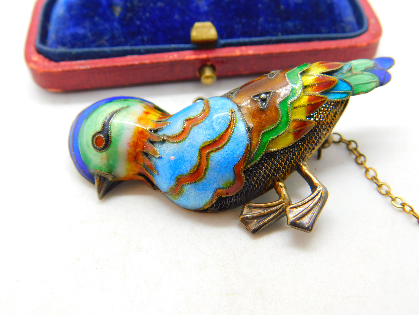 Chinese Export Sterling Silver Gilt & Enamel Exotic Bird Brooch Mid-Century