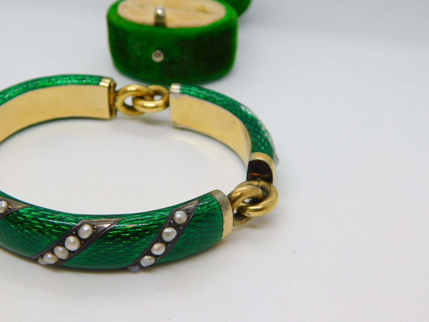 Victorian French 18ct Gold Green Guilloche Enamel Pearl Set Bracelet Antique c1860