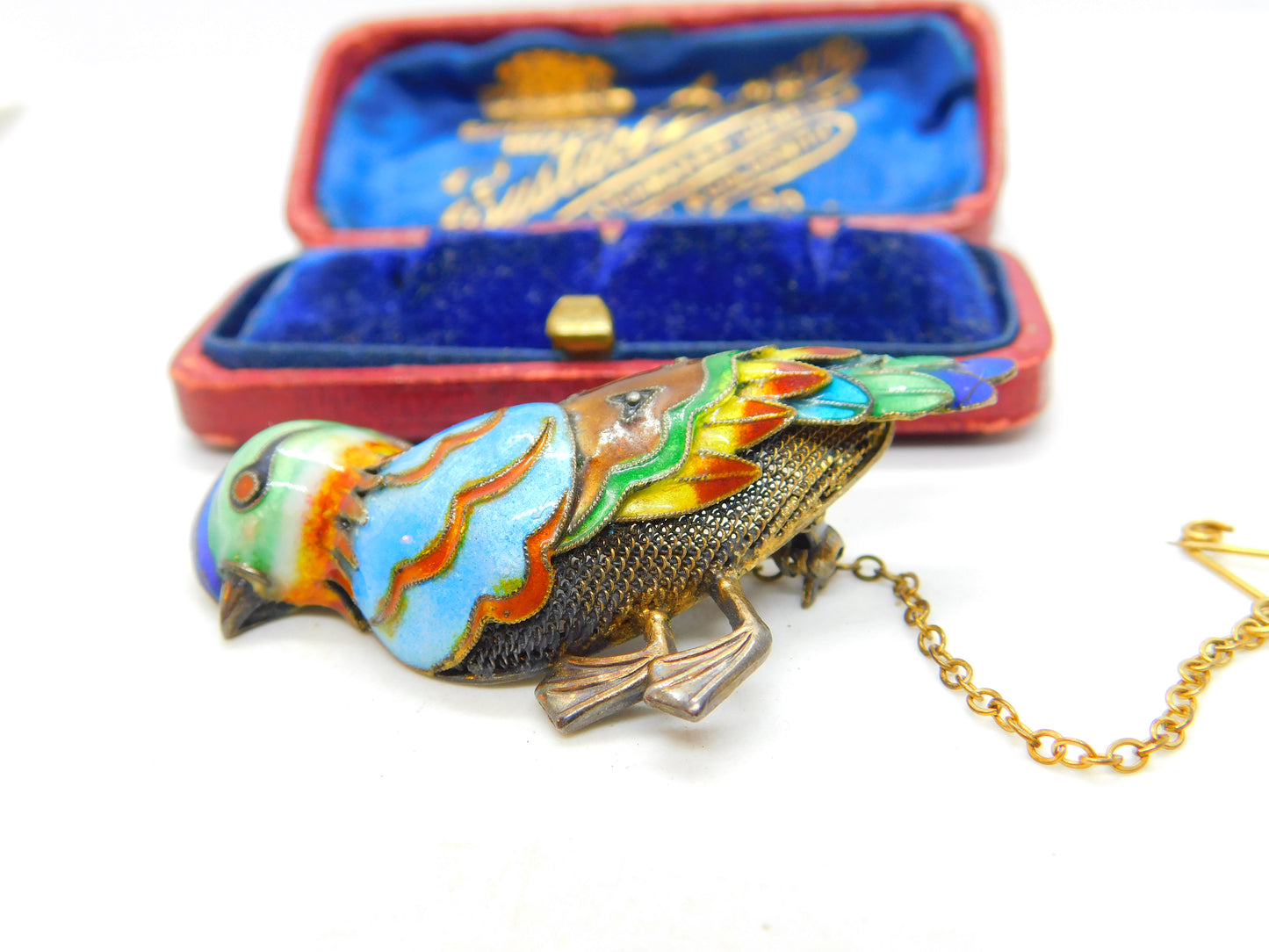 Chinese Export Sterling Silver Gilt & Enamel Exotic Bird Brooch Mid-Century