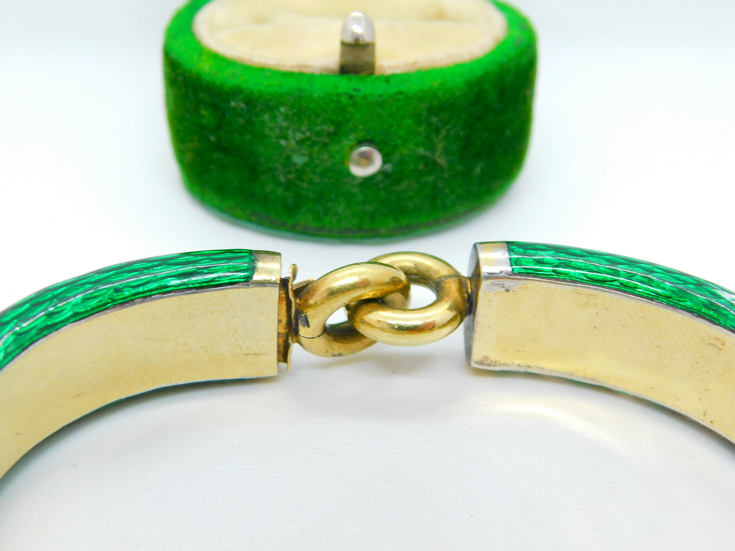 Victorian French 18ct Gold Green Guilloche Enamel Pearl Set Bracelet Antique c1860