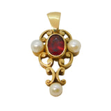 9ct Yellow Gold, Pearl & Garnet Set Floral Drop Pendant Vintage 1996 London