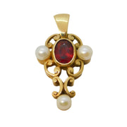 9ct Yellow Gold, Pearl & Garnet Set Floral Drop Pendant Vintage 1996 London