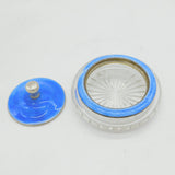 Sterling Silver, Blue Enamel Cut Glass Trinket Pot Antique 1924 Birmingham