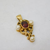 9ct Yellow Gold, Pearl & Garnet Set Floral Drop Pendant Vintage 1996 London