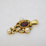 9ct Yellow Gold, Pearl & Garnet Set Floral Drop Pendant Vintage 1996 London