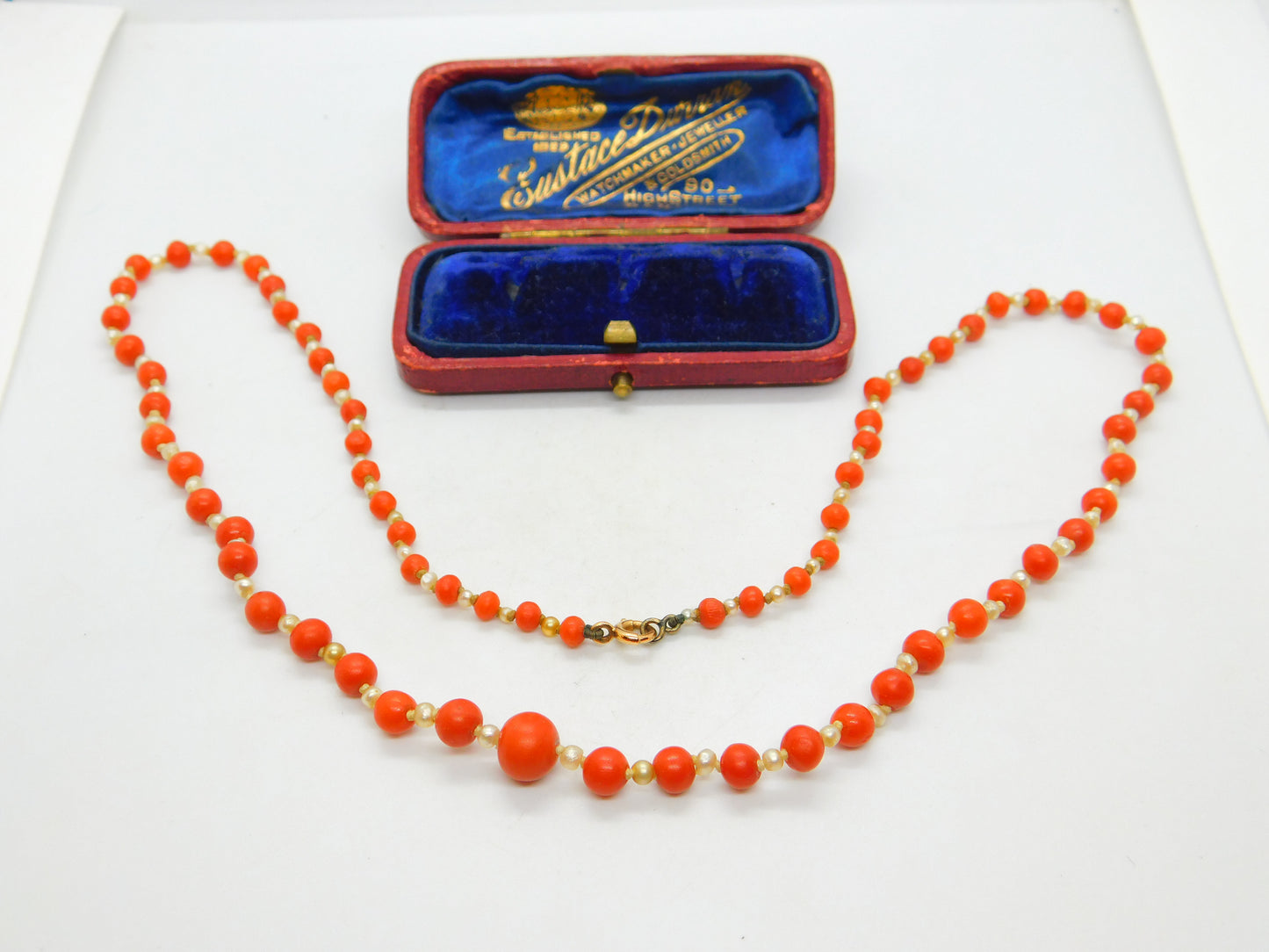 Victorian 9ct Gold Clasp Graduated Coral & Pearl Beaded Necklace Antique c1860