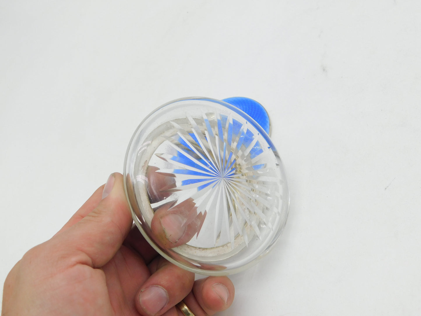 Sterling Silver, Blue Enamel Cut Glass Trinket Pot Antique 1924 Birmingham