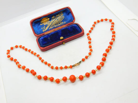 Victorian 9ct Gold Clasp Graduated Coral & Pearl Beaded Necklace Antique c1860