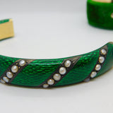 Victorian French 18ct Gold Green Guilloche Enamel Pearl Set Bracelet Antique c1860
