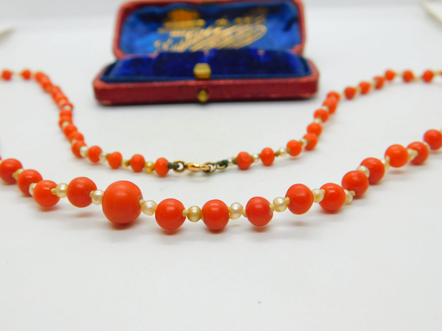 Victorian 9ct Gold Clasp Graduated Coral & Pearl Beaded Necklace Antique c1860