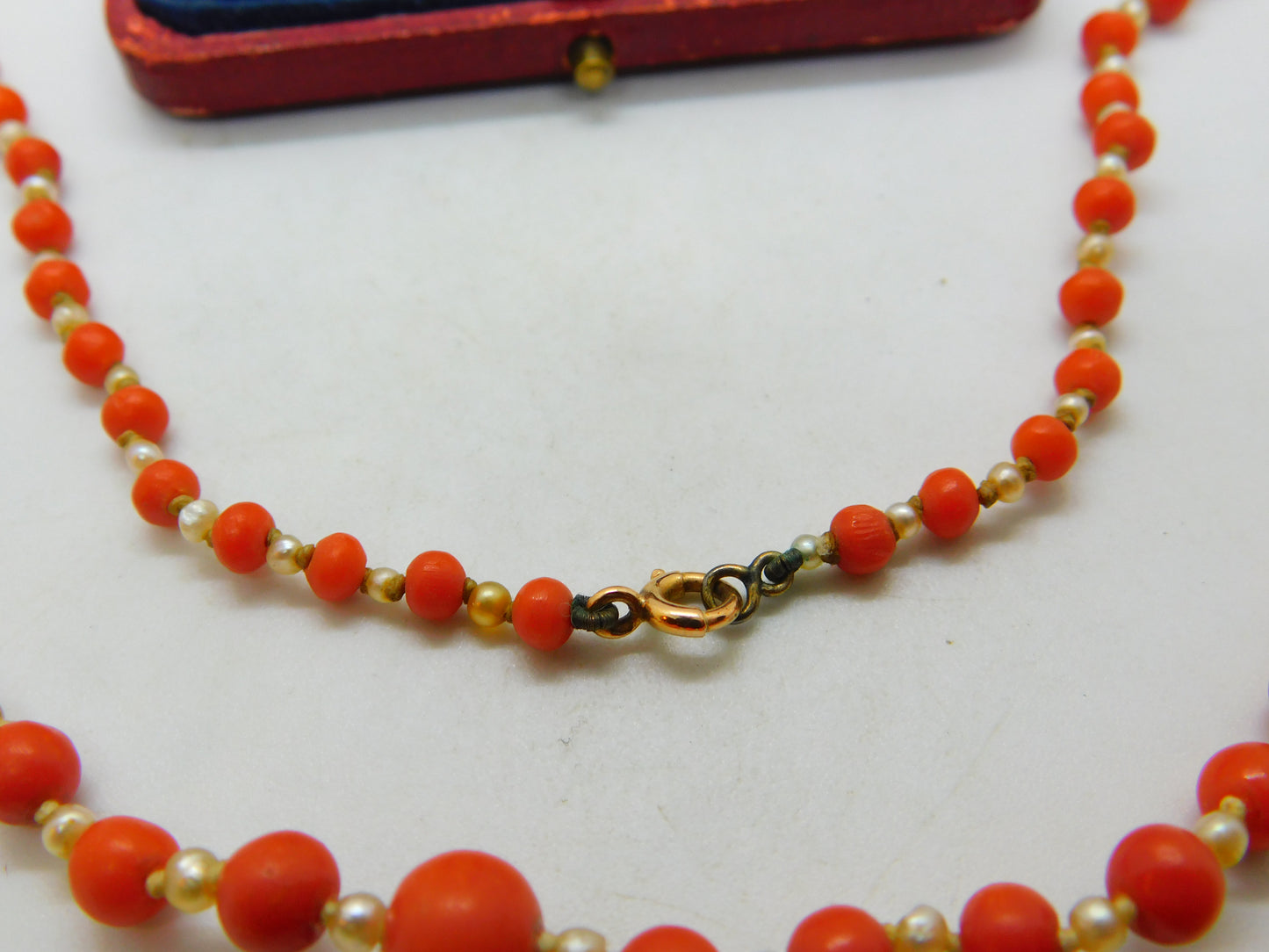 Victorian 9ct Gold Clasp Graduated Coral & Pearl Beaded Necklace Antique c1860