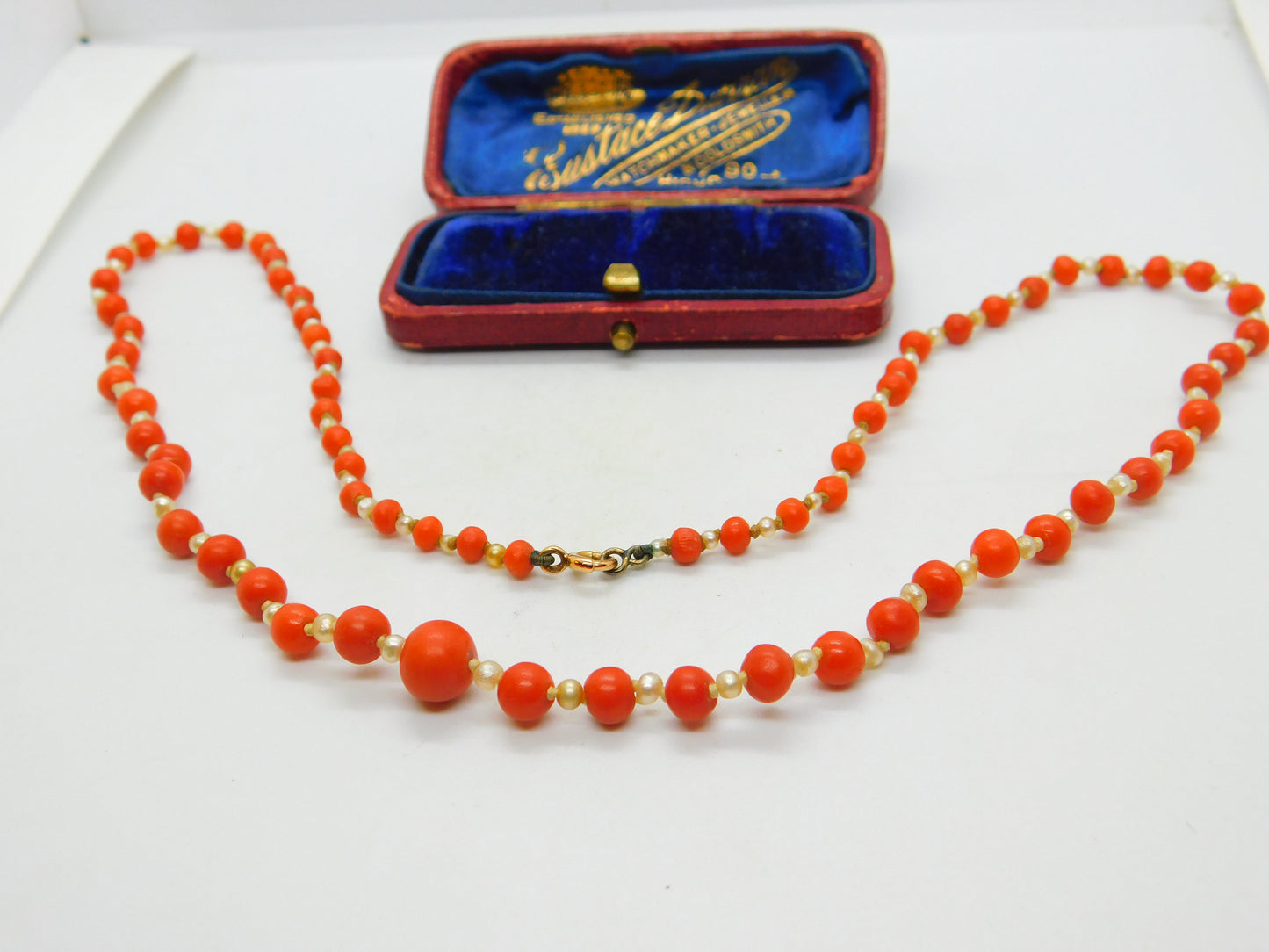 Victorian 9ct Gold Clasp Graduated Coral & Pearl Beaded Necklace Antique c1860