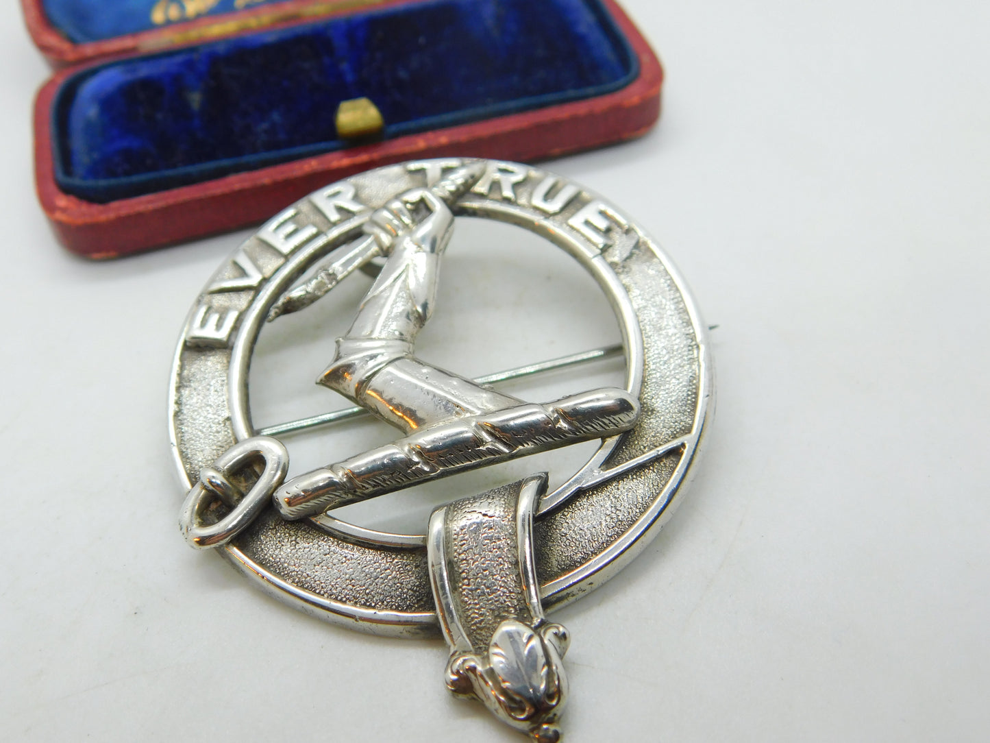 Victorian Sterling Silver Large Statement Brooch Kilt Pin 'Ever True' Antique