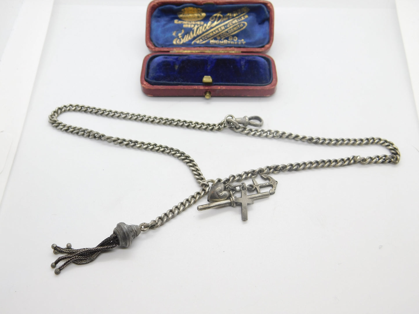 Victorian Sterling Silver Albert Watch Chain with Tassel & Faith, Hope, Charity 1886 Birmingham