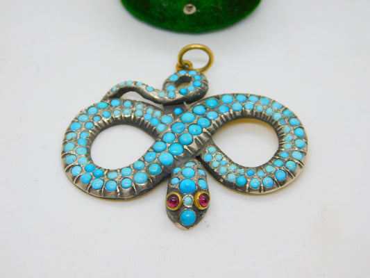 Georgian 18ct Gold & Silver Pave Set Turquoise Snake Pendant Antique c1830