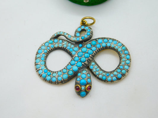 Georgian 18ct Gold & Silver Pave Set Turquoise Snake Pendant Antique c1830