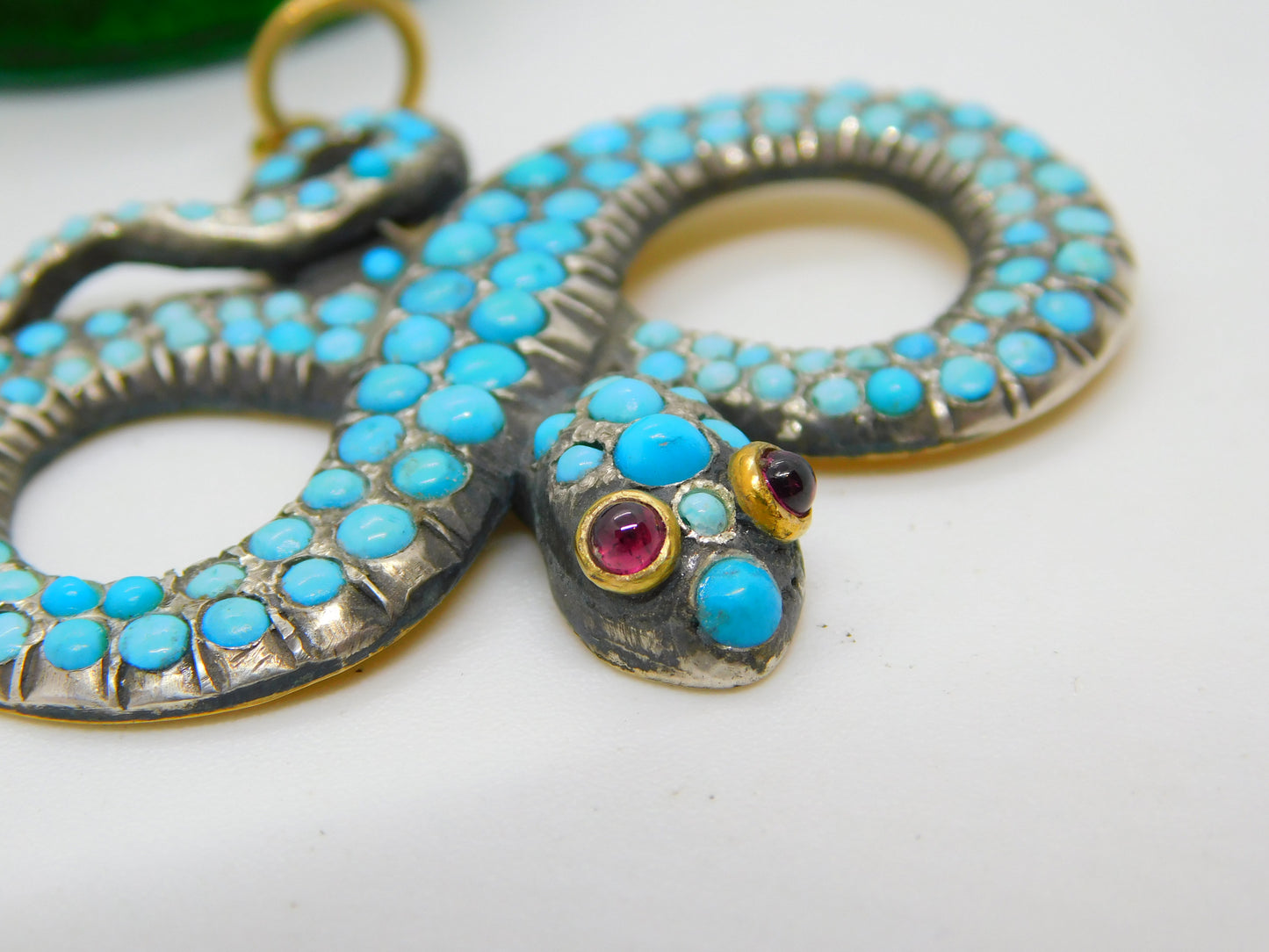 Georgian 18ct Gold & Silver Pave Set Turquoise Snake Pendant Antique c1830