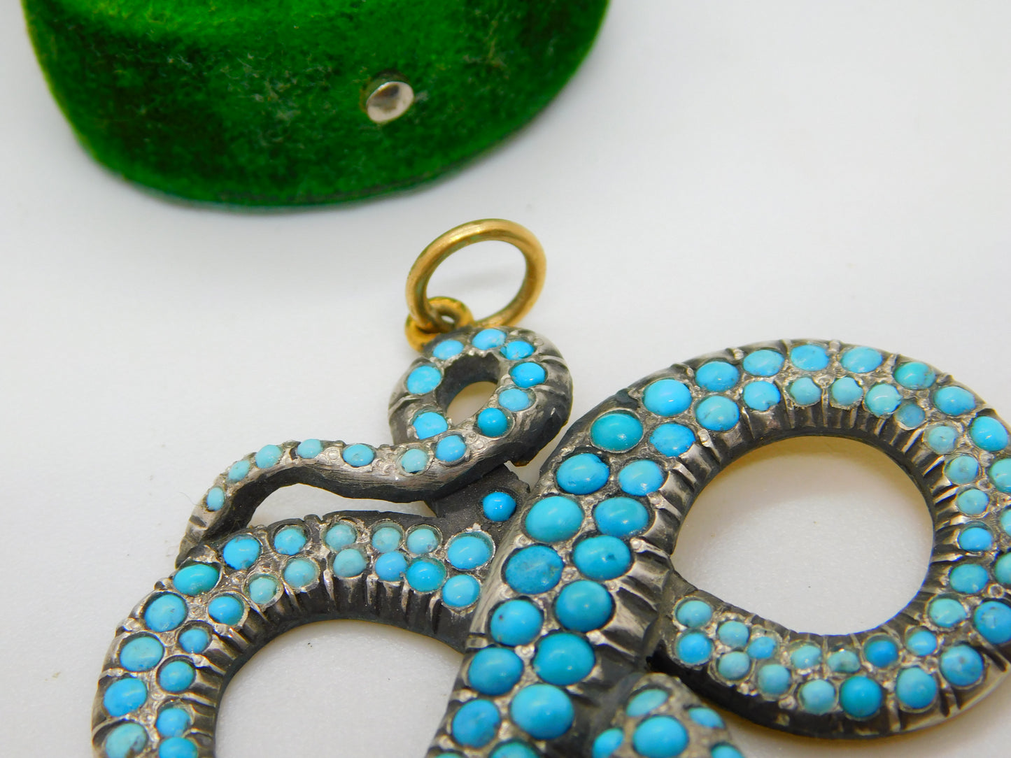 Georgian 18ct Gold & Silver Pave Set Turquoise Snake Pendant Antique c1830