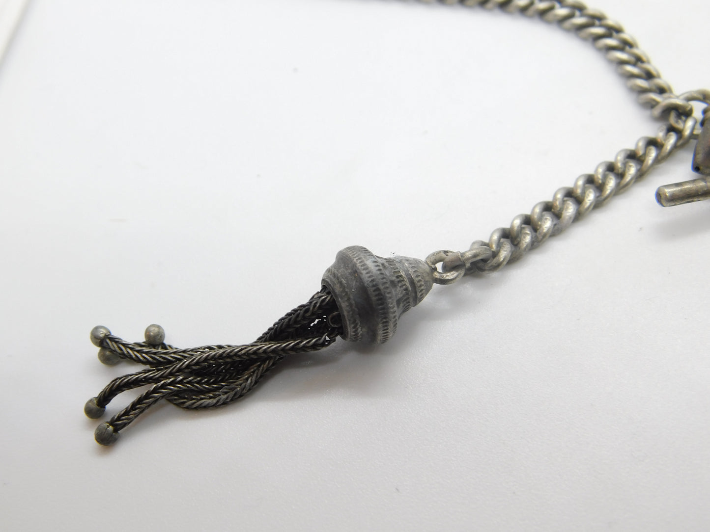 Victorian Sterling Silver Albert Watch Chain with Tassel & Faith, Hope, Charity 1886 Birmingham