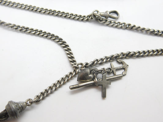 Victorian Sterling Silver Albert Watch Chain with Tassel & Faith, Hope, Charity 1886 Birmingham