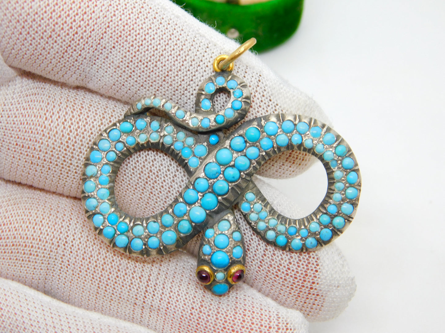 Georgian 18ct Gold & Silver Pave Set Turquoise Snake Pendant Antique c1830