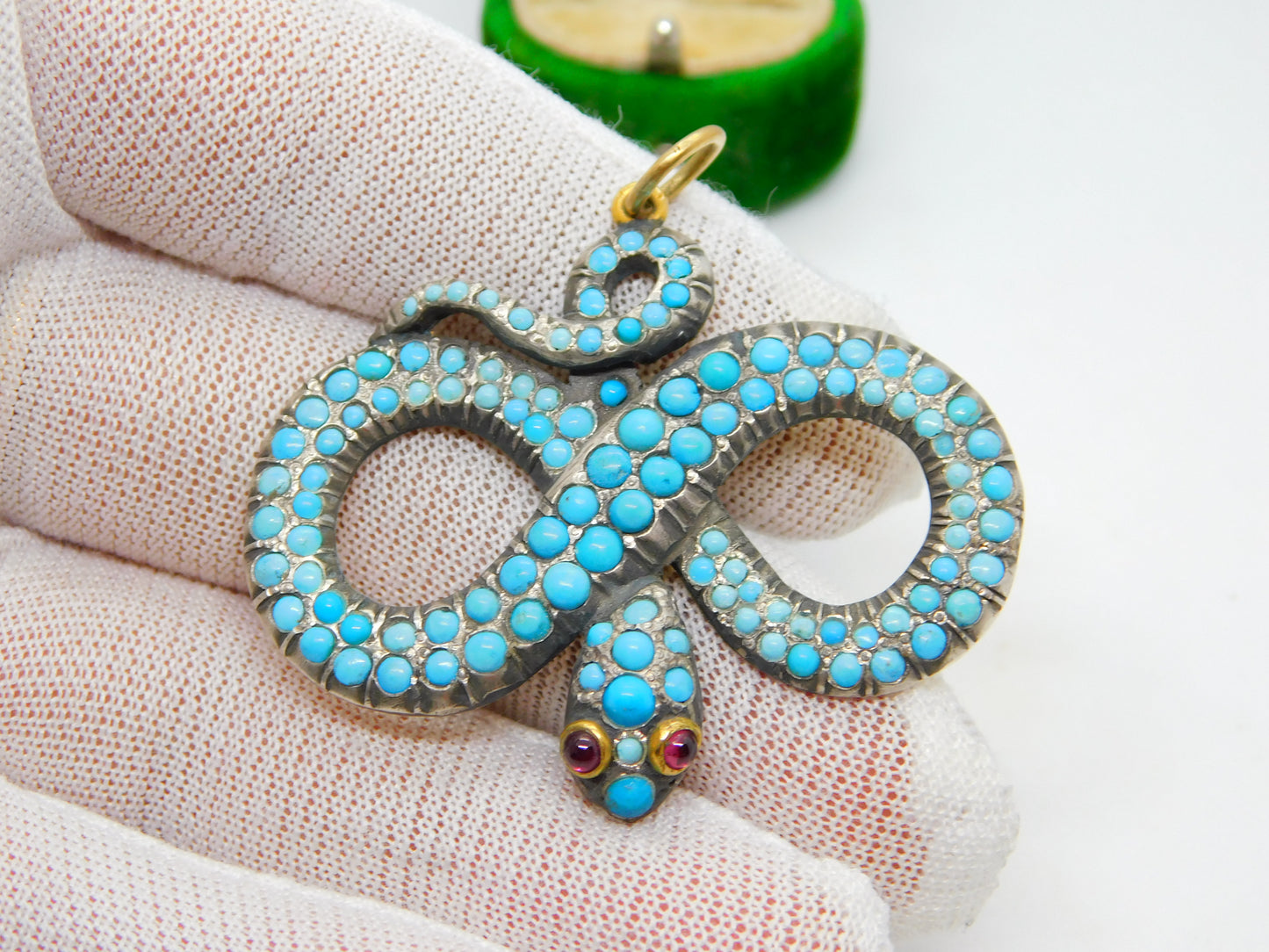 Georgian 18ct Gold & Silver Pave Set Turquoise Snake Pendant Antique c1830