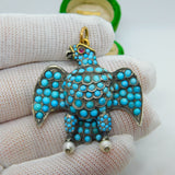 Georgian 18ct Gold & Silver Pave Set Turquoise Eagle Mourning Pendant Antique c1830