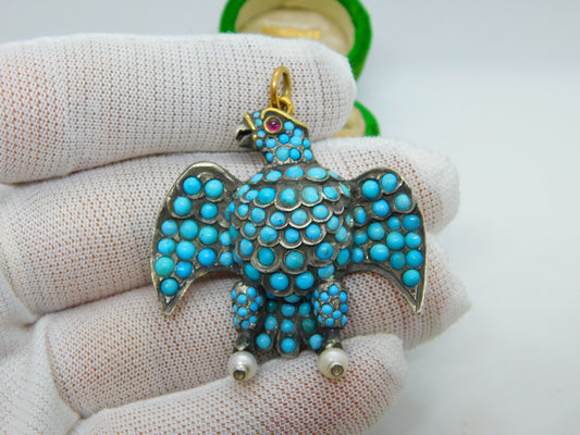 Georgian 18ct Gold & Silver Pave Set Turquoise Eagle Mourning Pendant Antique c1830