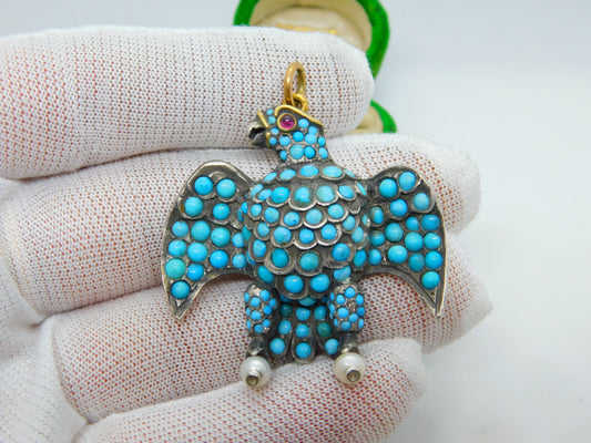 Georgian 18ct Gold & Silver Pave Set Turquoise Eagle Mourning Pendant Antique c1830