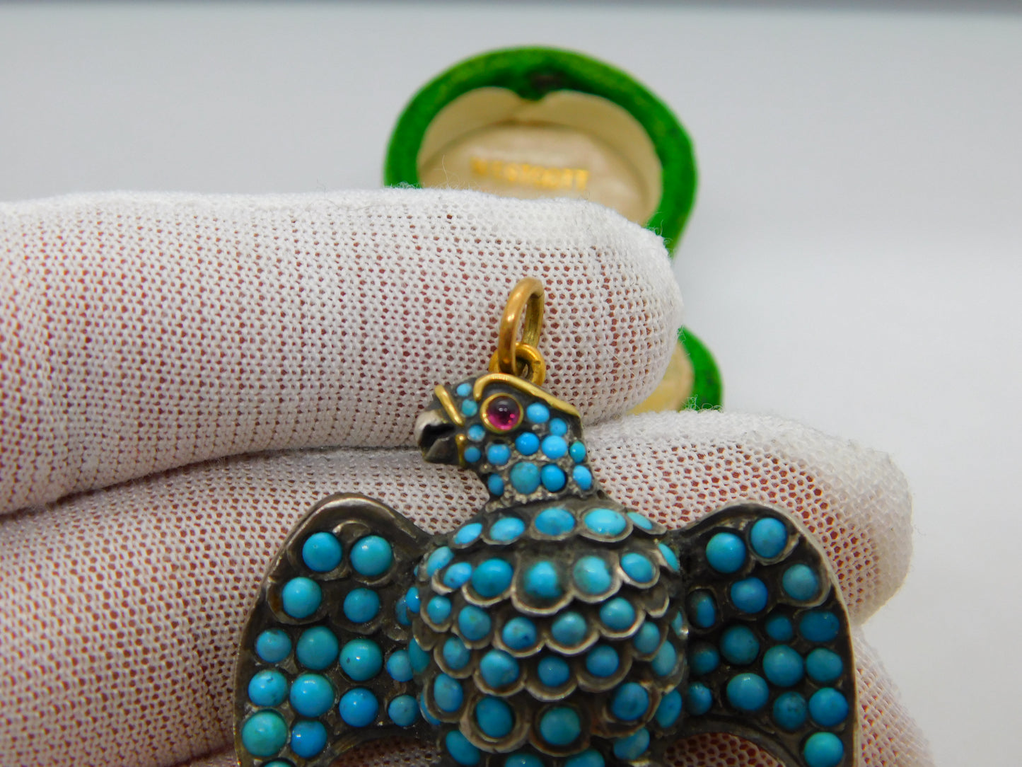 Georgian 18ct Gold & Silver Pave Set Turquoise Eagle Mourning Pendant Antique c1830